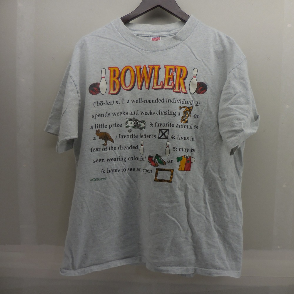 Vintage Soffe Shirts Bowler Definition Graphic T-Shirt Gray Mens Large USA Made
